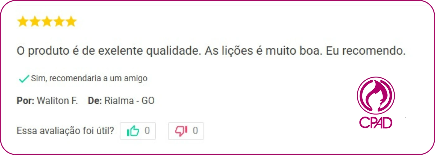 Avaliação de Waliton F., de Rialma - GO: 'O produto é de excelente qualidade. As lições é muito boa. Eu recomendo.' — 5 estrelas
